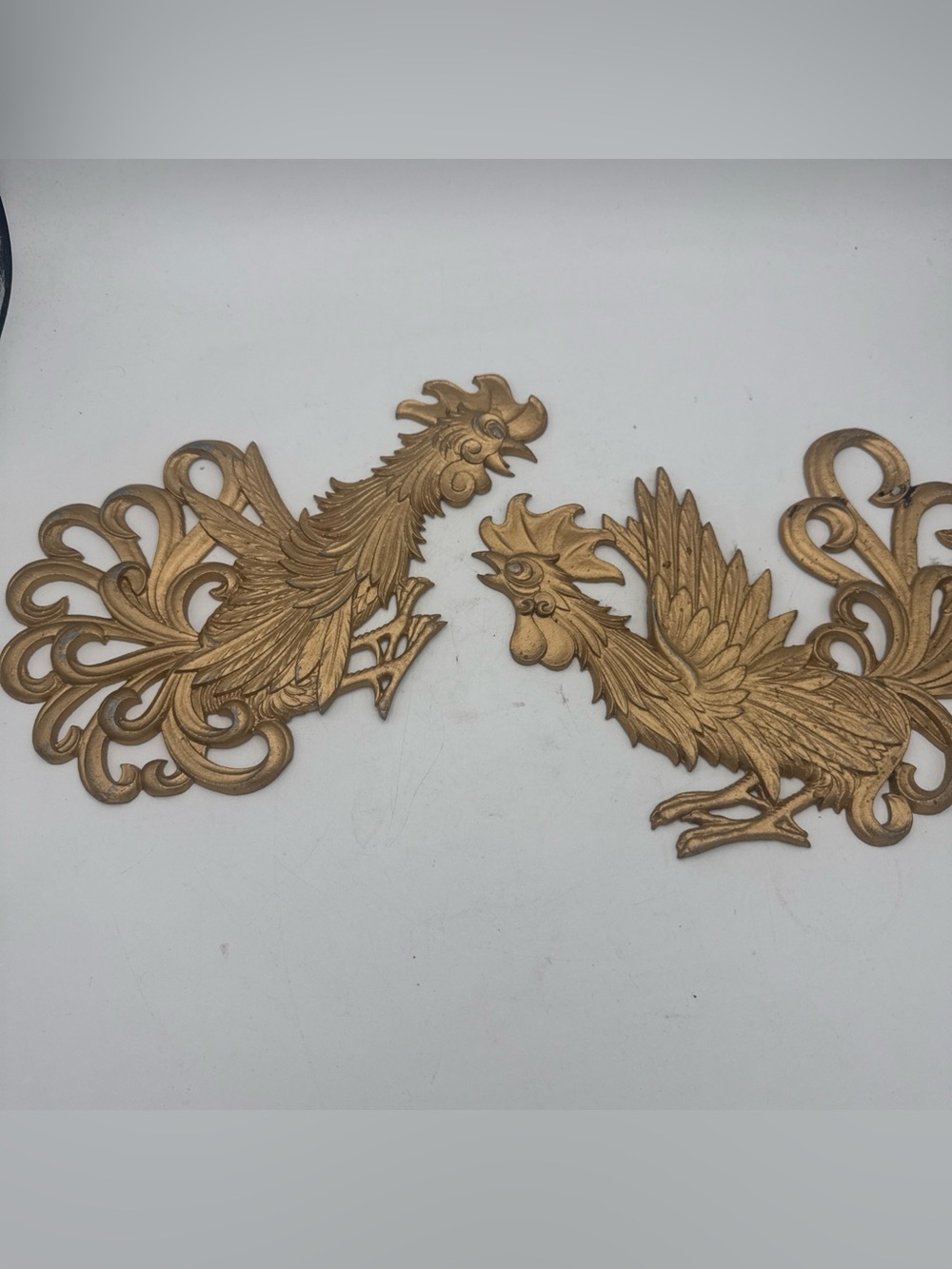 2 VTG Fighting Roosters  Gold Color Painted Cast Metal Wall Decor 9”  Farmhouse